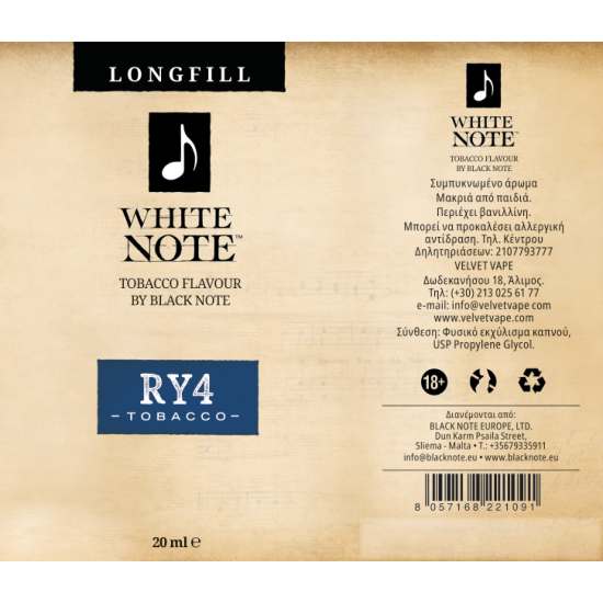 White Note Flavor Shots RY4 Tobacco 20ml to 60ml