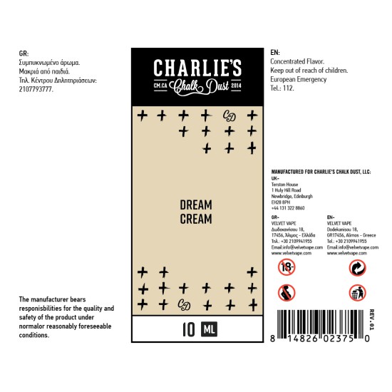 Charlies Chalk Dust Flavor Shots Dream Cream 10ml to 60ml