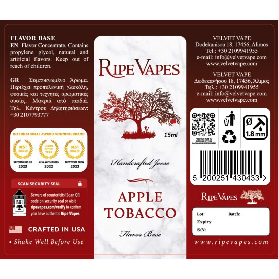 Ripe Vapes Flavor Shots - Apple Tobacco 15ml to 60ml