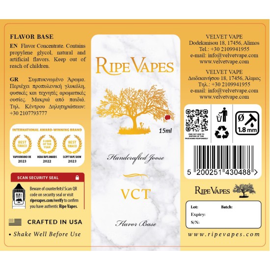 Ripe Vapes Flavor Shots - VCT (Vanilla-Custard-Tobacco) 15ml to 60ml