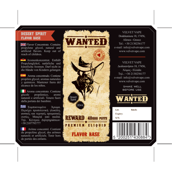Wanted Flavor Shots Desert Spirit 20ml to 60ml