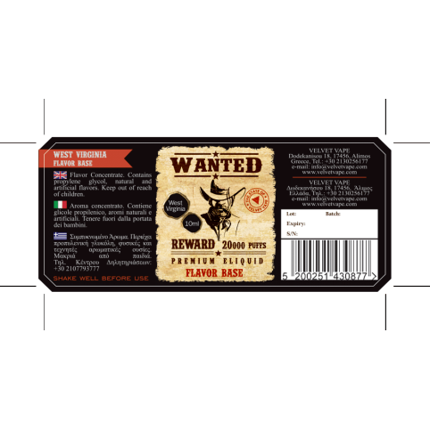 Wanted Flavor Shots West Virginia 10ml to 30ml