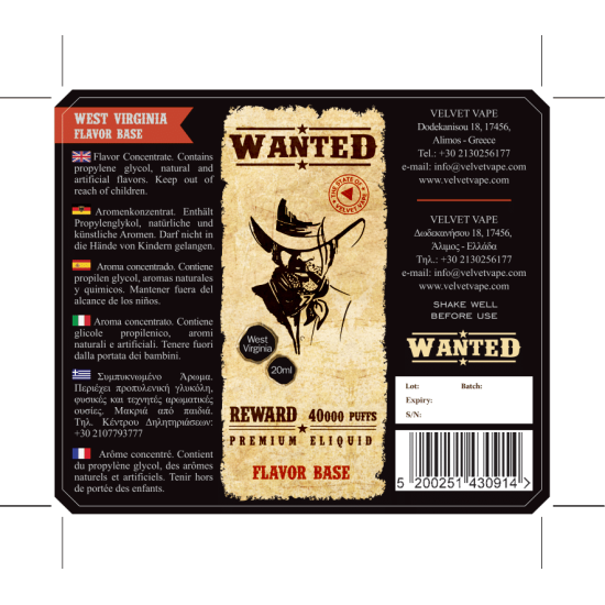 Wanted Flavor Shots West Virginia 20ml to 60ml